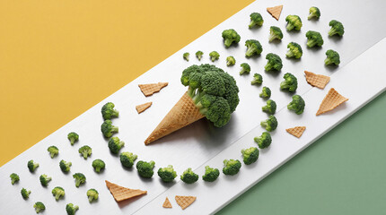 Fototapeta premium Creative Food Concept of Broccoli Vegetable in an Ice Cream Waffle Cone Surrounded by Florets and Waffle Pieces on Minimalist Background for Healthy Eating and Nutrition Lifestyle