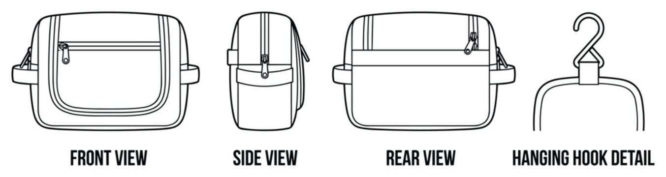 Hanging toiletry bag with front pocket and side loop for travel use.