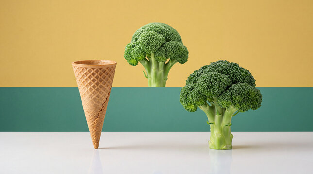 Conceptual image of healthy eating and nutrition substitution featuring an empty waffle ice cream cone beside fresh green broccoli florets on a colorful minimalist background