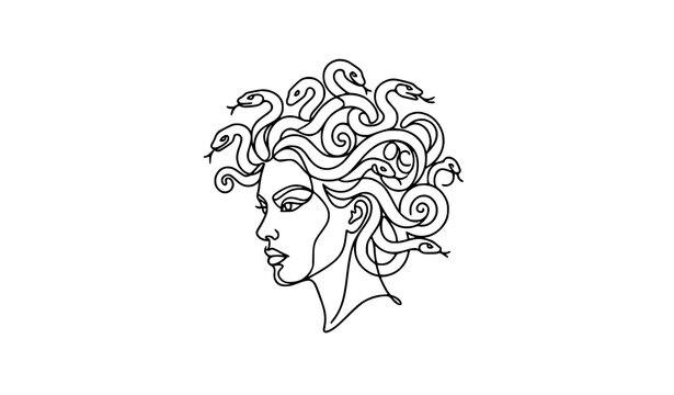 Medusa, snake, hair, mythology, Greek, head, woman, line, art, illustration, minimalist, outline, vector, logo, symbol, design, mythical, monster, goddess, fantasy, ancient, legend, tattoo, sketch, bl