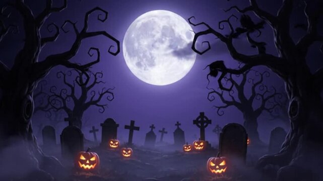 Spooky halloween cemetery scene featuring glowing jack o lanterns and gnarled trees under a large full moon in a misty purple night sky atmosphere for holiday celebration background