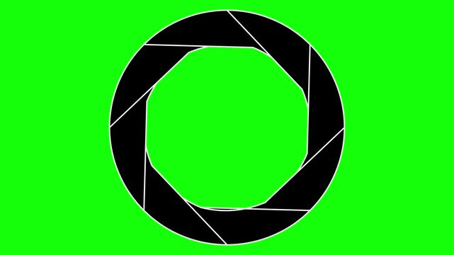 Black blades of a camera aperture dynamically open and close against a vibrant green screen, revealing and concealing a central circular space.