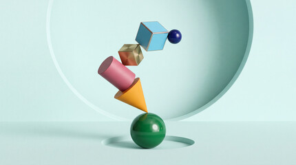 Fototapeta premium Abstract 3D Rendering of Vibrant Geometric Shapes Balancing Precariously on a Green Sphere Against a Minimalist Mint Background, Representing Concepts of Stability, Equilibrium, and Creative Design
