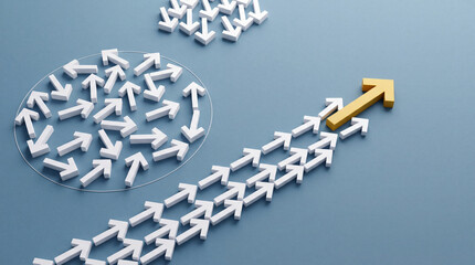 Fototapeta premium Business Leadership and Strategic Direction Concept Featuring a Large Yellow Arrow Leading a Organized Pack of White Arrows Towards Success and Growth on a Minimalist Blue Background