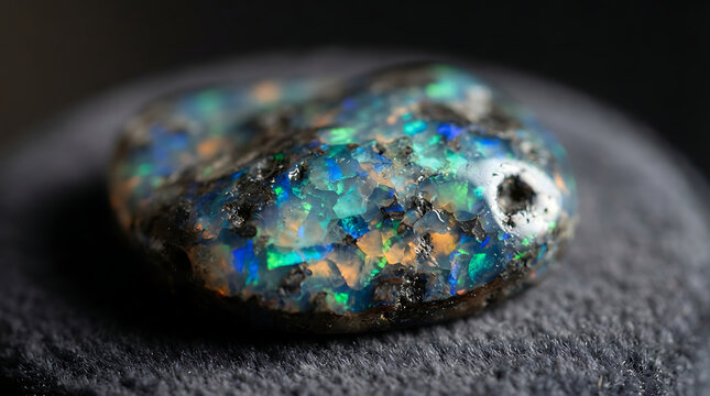Precious opal rough stone showcasing brilliant blue and green iridescent flashes on textured background.