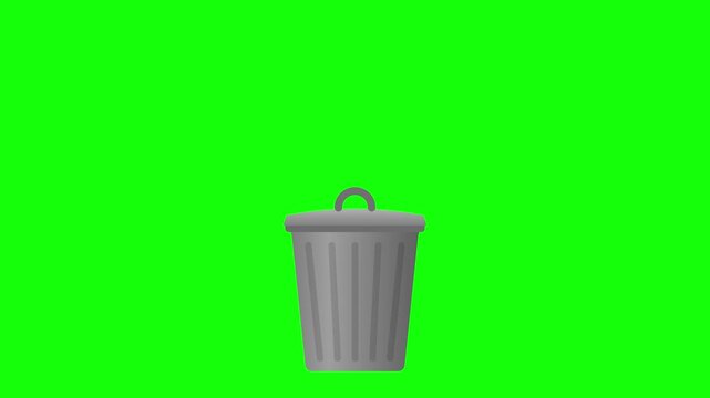 Gray garbage can with an opening and closing lid is digitally rendered on a chroma key green background.