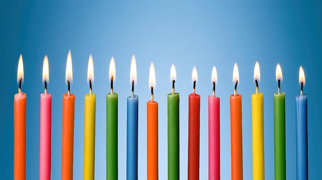 blow. A row of birthday candles glowing softly against a smooth blue background. symbolizing life milestones and joyful moments.