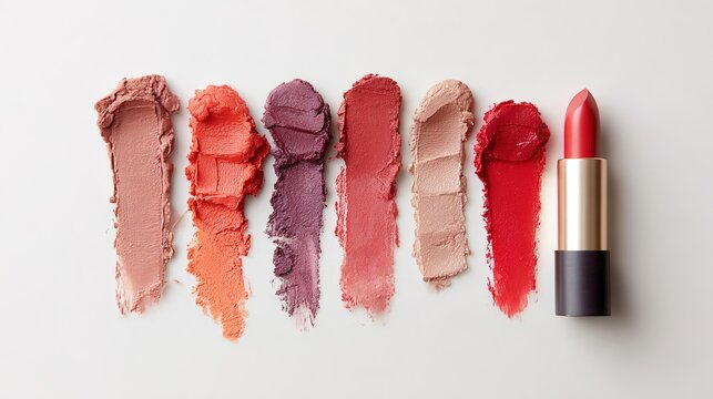 swatches. Colorful cosmetic swatches neatly arranged on a clean white surface. lifestyle magazines, social media lookbooks, designed for influencer and brand collaborations, used by art directors.