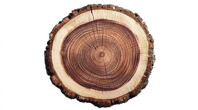 specimen. Smooth cross section of brown tree stump showing age rings, displayed on white background highlighting wood grain texture, gardening catalogs.
