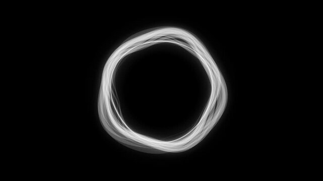 Ethereal white light trails form an abstract, irregularly shaped ring dynamically rotating on a solid dark backdrop.
