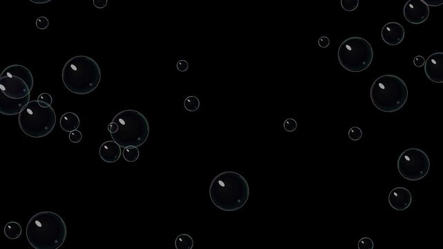 Transparent soap bubbles floating and drifting against a solid black background.