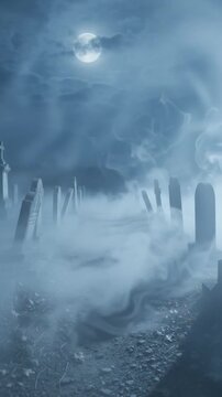 Spooky misty graveyard under full moon at midnight with fog and old tombstones for Halloween horror background vertical template