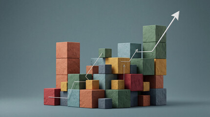 Fototapeta premium Conceptual 3D Illustration of Rising Business Growth Chart Represented by Colorful Stone Texture Cubes and White Upward Arrow on Neutral Background for Financial Success and Data Analysis