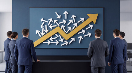 Fototapeta premium Group of Business Professionals Standing and Observing a Large Presentation Board with a Dominant Yellow Upward Growth Arrow Rising Above Chaotic White Directional Symbols in a Modern Office
