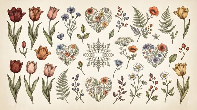 Floral collage with tulips ferns heart shapes formed from flowers and leaves hand drawn