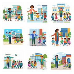 Fototapeta premium Diverse Teacher Welcoming Elementary Students Back To School Set