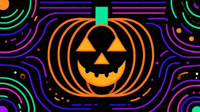 Retro vibrant neon line art Halloween pumpkin with colorful abstract geometric patterns on dark background, synthwave holiday graphic
