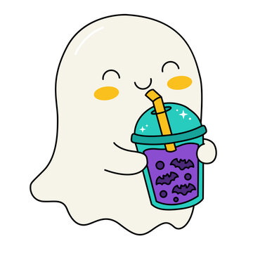 Cute Ghost Drinking Boba Halloween Vector Illustration