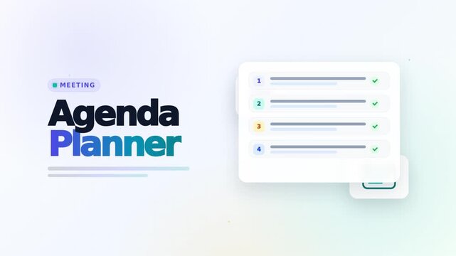 Digital meeting agenda planner dashboard interface showing numbered checklist items with checkmark completion status in smooth motion video animation clip