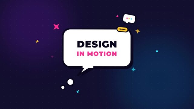 White speech bubble with text on dark blue motion background