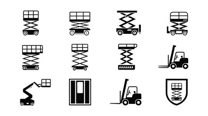 Scissor lift and boom lift heavy machinery black icon set including forklifts and safety shield isolated on white background. © ADEL SMITH