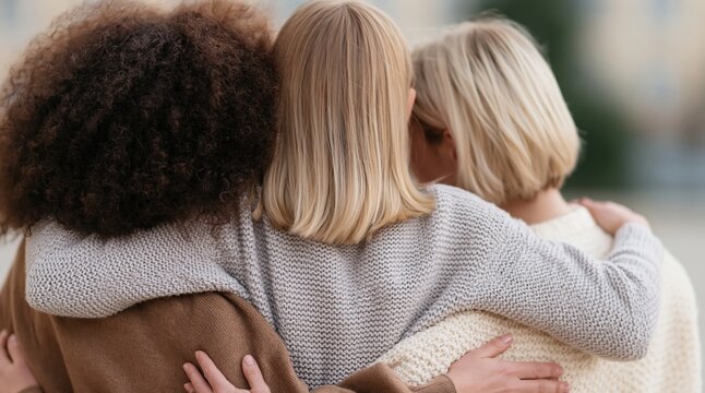 Women and friends embracing in a show of unity and support with diverse hair types representing love and bonding