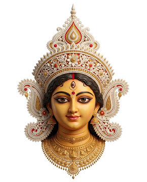 Intricate durga headpiece with ornate jewelry on transparent background