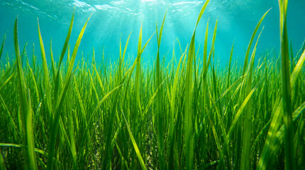 Fototapeta premium Green Underwater Seagrass Meadow with Sunlight Beams Penetrating Clear Blue Marine Water Surface Ecosystem