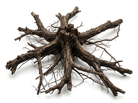 Old dark tree root system with spreading branches