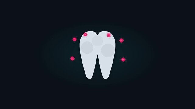 Minimalist flat vector illustration of a human tooth with dental caries and surrounding bacteria icons on dark backdrop