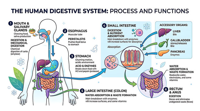 Human Digestive System Diagram Explaining Process and Functions, Educational Medical Anatomy Infographic, Digestive System Gastrointestinal Biology Chart