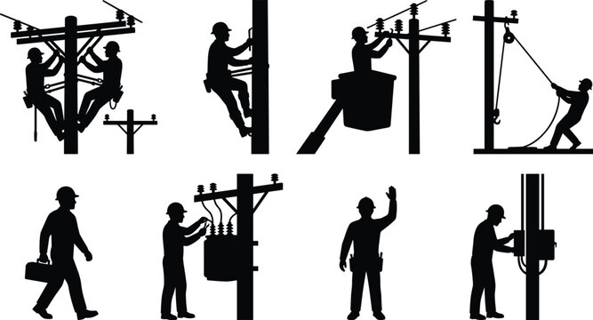 Electrical Utility Workers Performing Power Line Installation and Maintenance Black Silhouette Vector Collection