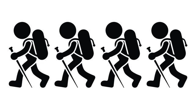 Black stick figure group hiking with backpacks and trekking poles vector icon illustration isolated on plain white background graphic design