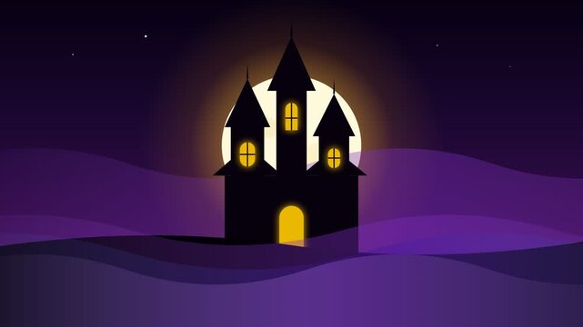 Halloween spooky haunted castle silhouette under full moon