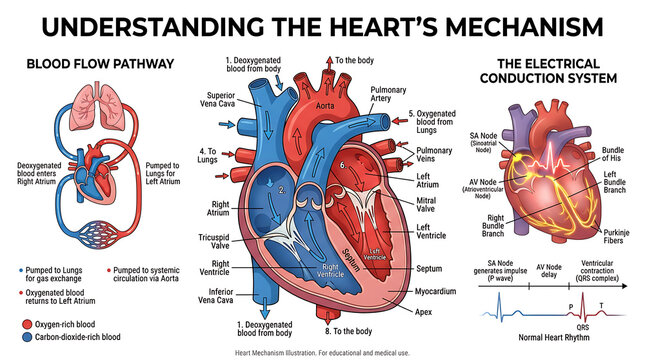 Understanding the Heart's Mechanism: Blood Flow Pathway, Cardiac Anatomy, and Electrical Conduction System Explained with Diagrams