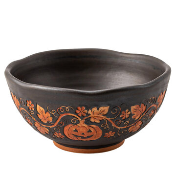 Dark ceramic bowl adorned with carved pumpkin and autumn leaf patterns around the base.