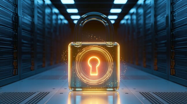 Padlock protecting digital information with encryption security in a high tech server room data storage network