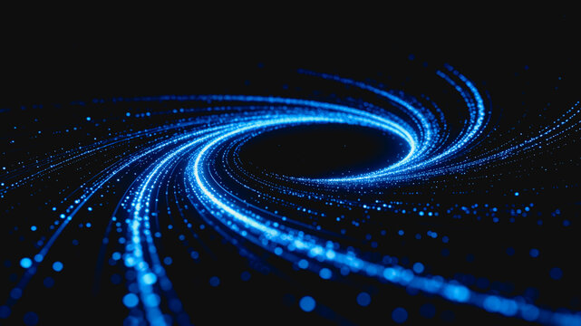 A futuristic abstract illustration of glowing blue particle spirals swirling in dark space, representing digital data flow.