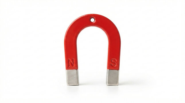 Bright red horseshoe magnet with silver poles marked with north and south symbols isolated on a pure white background representing physics science and education