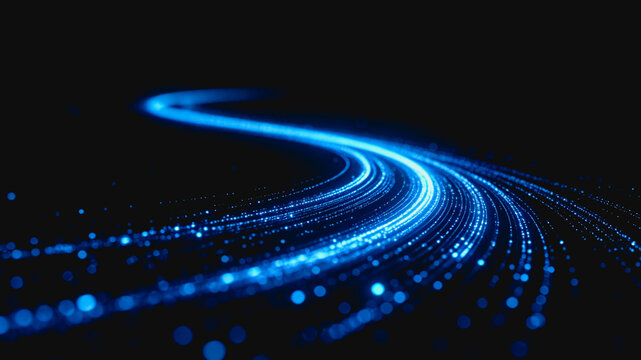 A 3D rendered abstract digital image showing curved glowing blue particle streams against a dark background, representing data flow or network concepts.