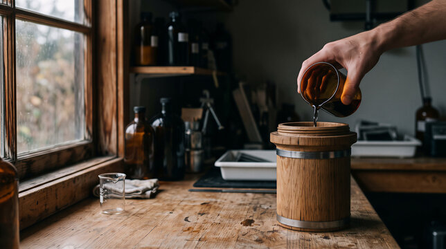 Pouring liquid into a wooden developing tank