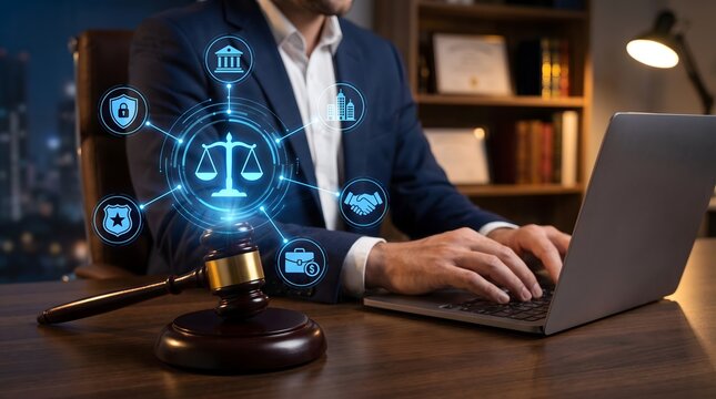 Professional Lawyer Using Laptop With Digital Legal Icons