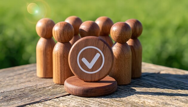 Wooden peg dolls figures gathered around a check mark symbol representing team consensus success and business choice