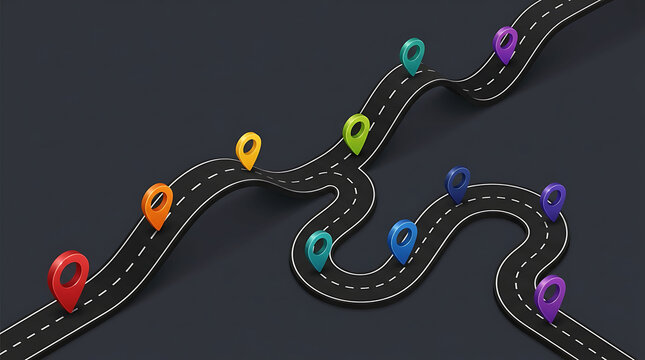 Road map concept with colorful destination pin markers on winding highway path