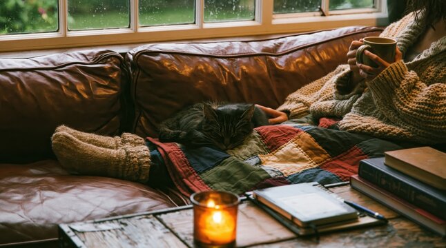 Cozy home scene with a person relaxing on a leather sofa under a warm patchwork blanket with books and a candle