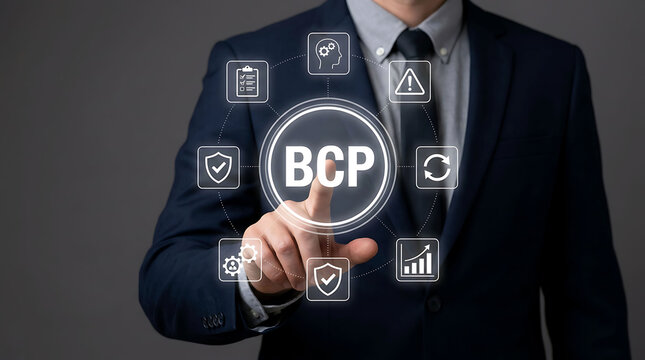 Businessman pressing digital BCP button interface concept for business strategy