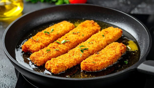 Breaded Fish Sticks Frying in Skillet