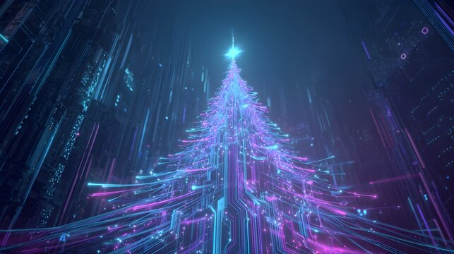 Low Angle View of Futuristic Christmas Tree Made of Glowing Fiber Optic Circuit Traces and Spreading Neon Data Cables