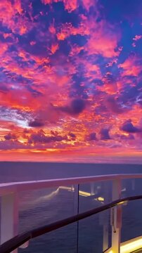 Vibrant pink and purple sunset sky over ocean viewed from cruise ship deck with glass railing and ambient lighting