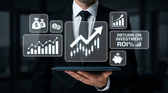 Businessman holding futuristic tablet with financial growth and investment graphs